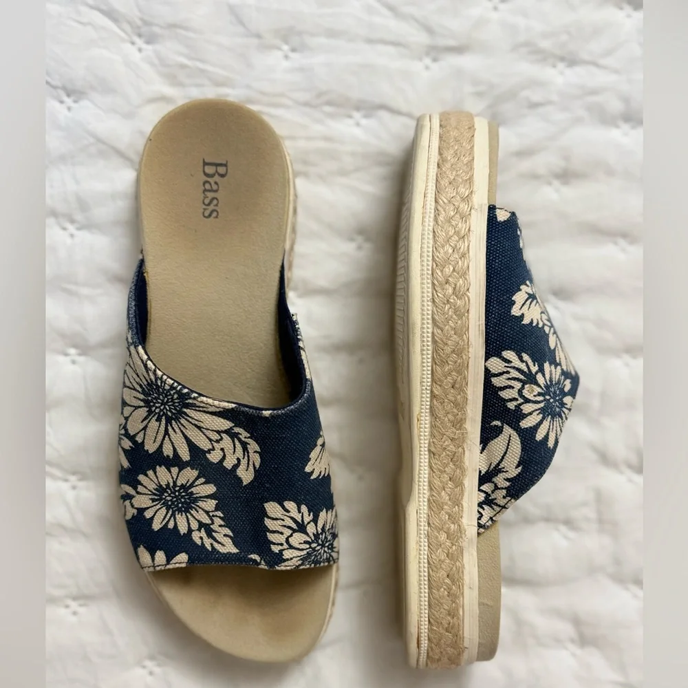 BASS Women’s Holiday Hawaiian Floral Blue Espadrille Slides Size 7M Vintage Y2K